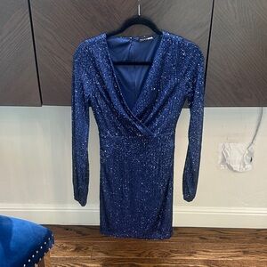 Fashion Nova Navy Sequin Long Sleeve Dress